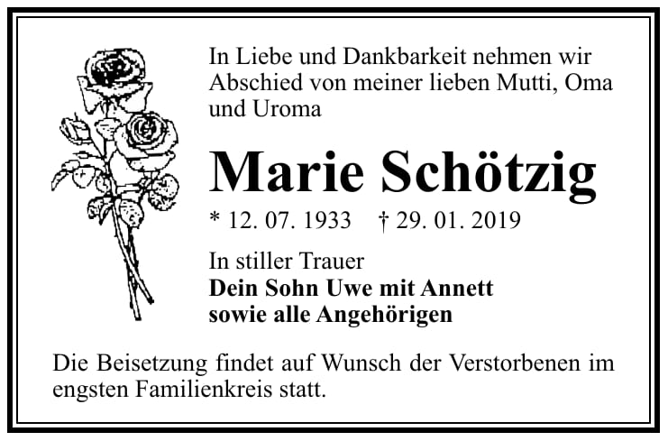 Traueranzeige Marie Schötzig