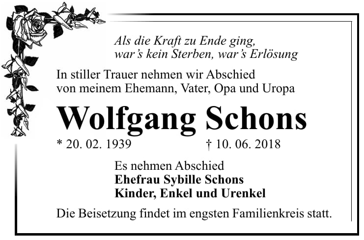 Traueranzeige Wolfgang Schons
