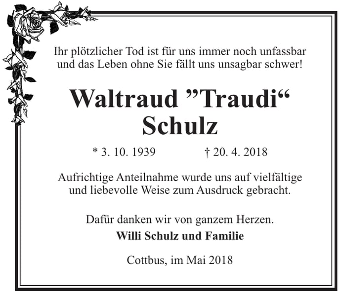 Danksagung Waltraud "Traudi" Schulz