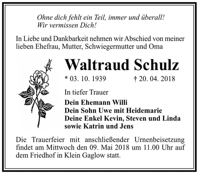 Traueranzeige Waltraud Schulz