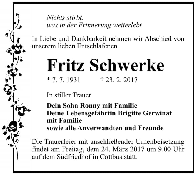 Traueranzeige Fritz Schwerke