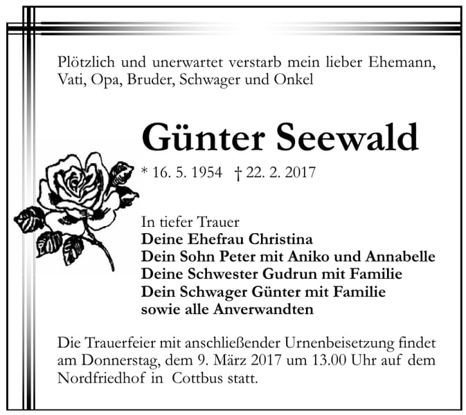 Traueranzeige Günter Seewald