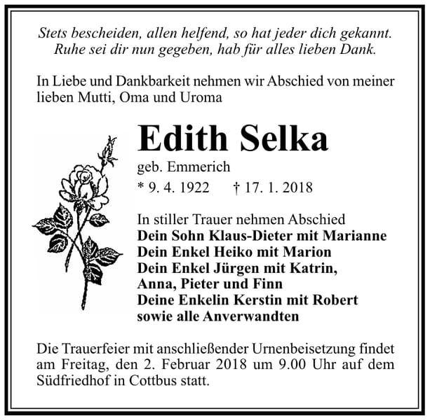 Traueranzeige Edith Selka, geb. Emmerich