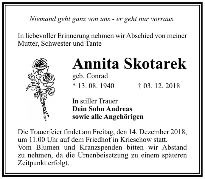 Traueranzeige Annita Skotarek geb. Conrad