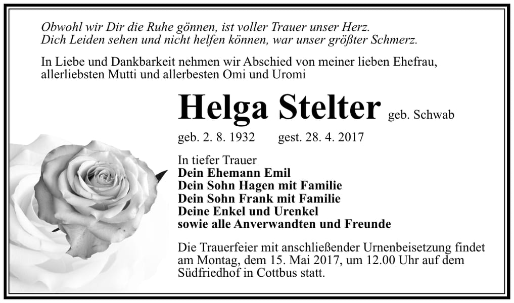 Traueranzeige Helga Stelter, geb. Schwab