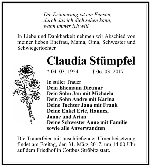 Traueranzeige Claudia Stümpfel