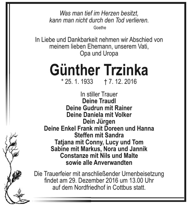 Traueranzeige Günther Trzinka