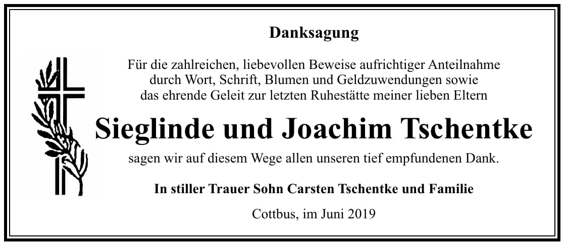 Traueranzeige Sieglinde und Joachim Tschentke