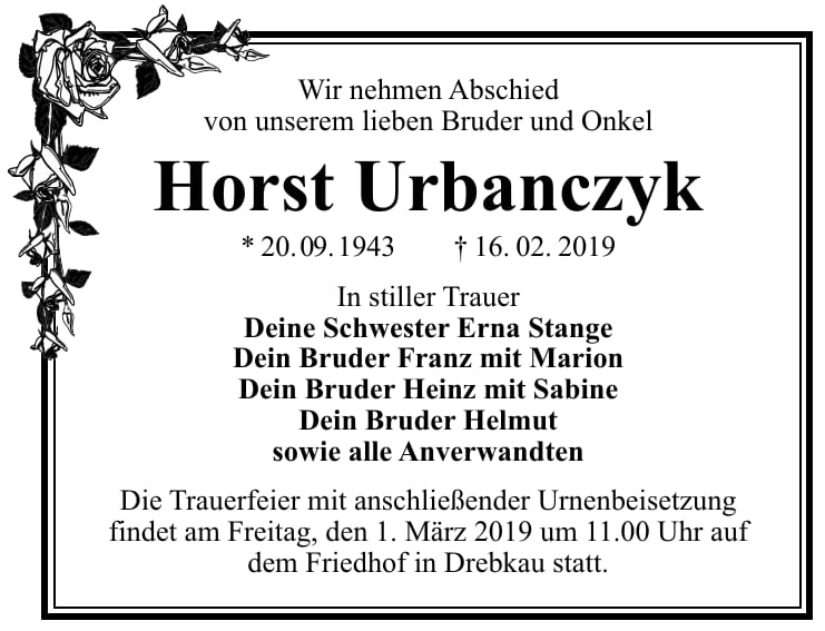 Traueranzeige Horst Urbanczyk