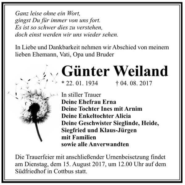 Traueranzeige Günter Weiland