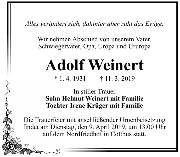 Traueranzeige Adolf Weinert