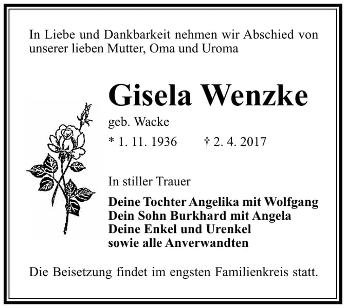 Traueranzeige Gisela Wenzke, geb. Wacke