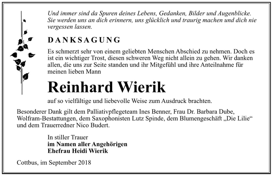 Danksagung Reinhard Wierik