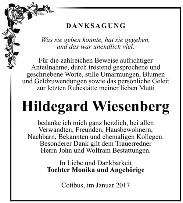 Danksagung Hildegard Wiesenberg