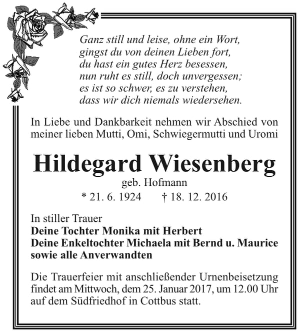 Traueranzeige Hildegard Wiesenberg, geb. Hofmann