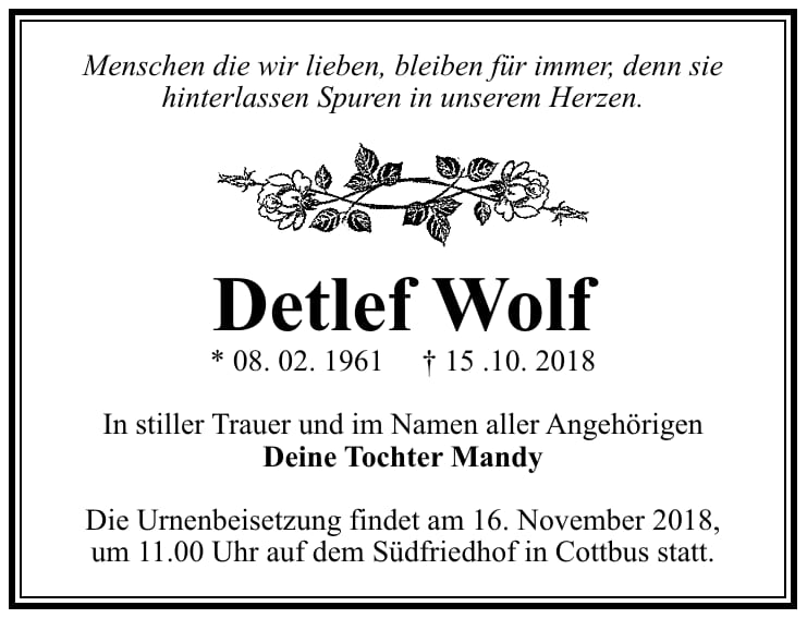 Traueranzeige Detlef Wolf
