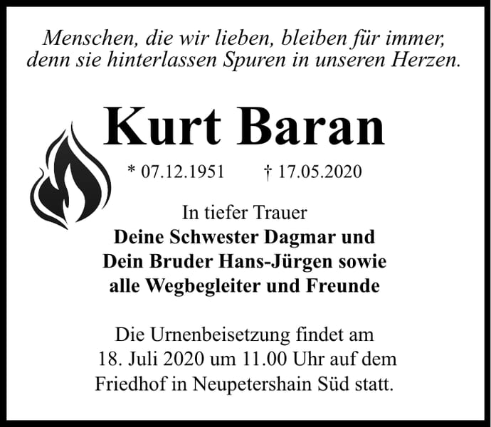 Traueranzeige Kurt Baran