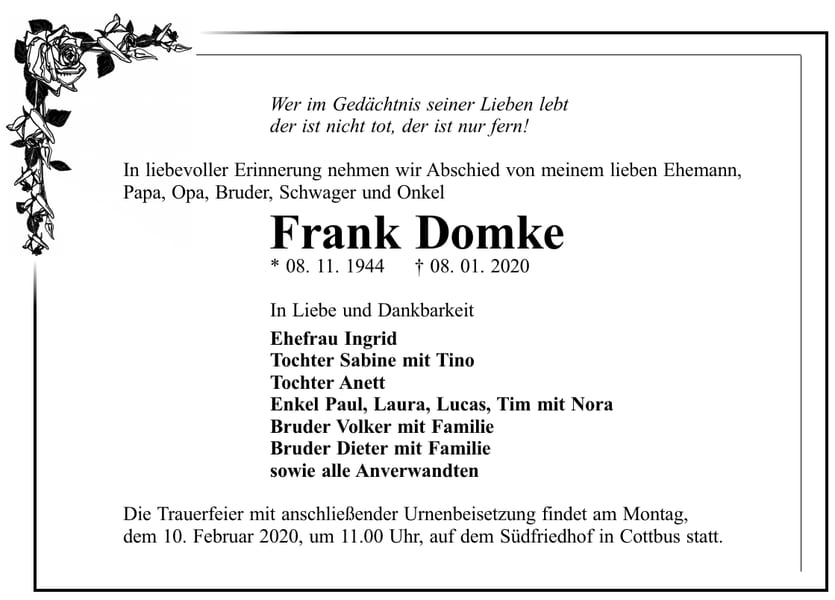 Traueranzeige Frank Domke