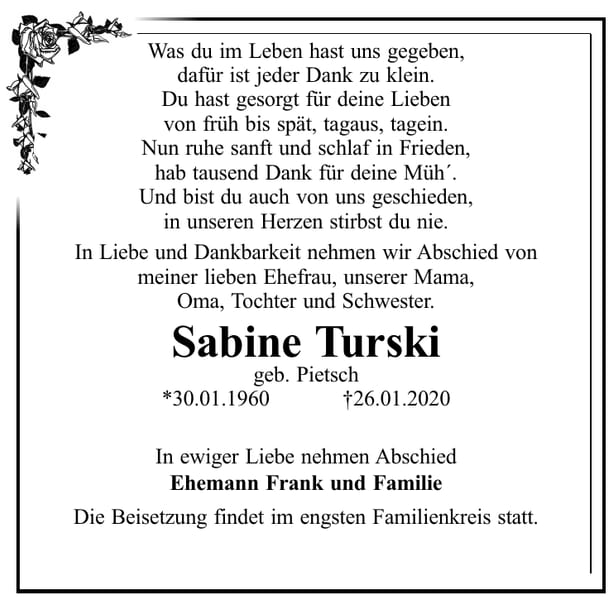 Traueranzeige Sabine Turski, geb. Pietsch