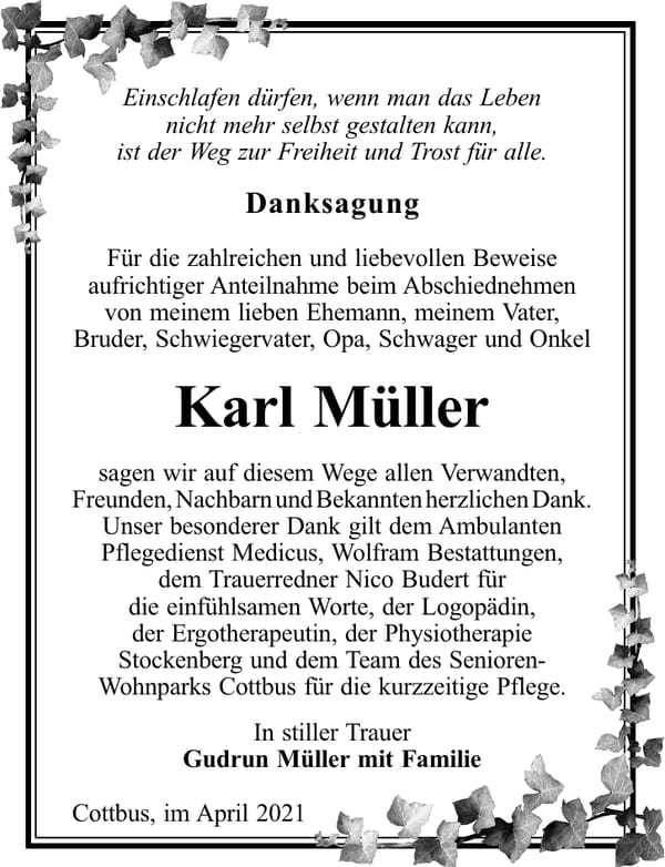 Danksagung Karl Müller