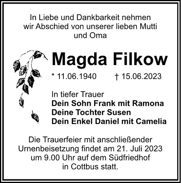 Traueranzeige Magda Filkow