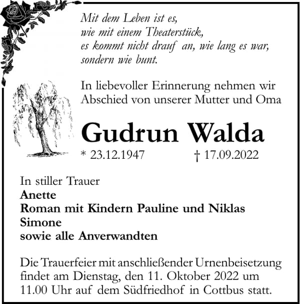 Traueranzeige Gudrun Walda