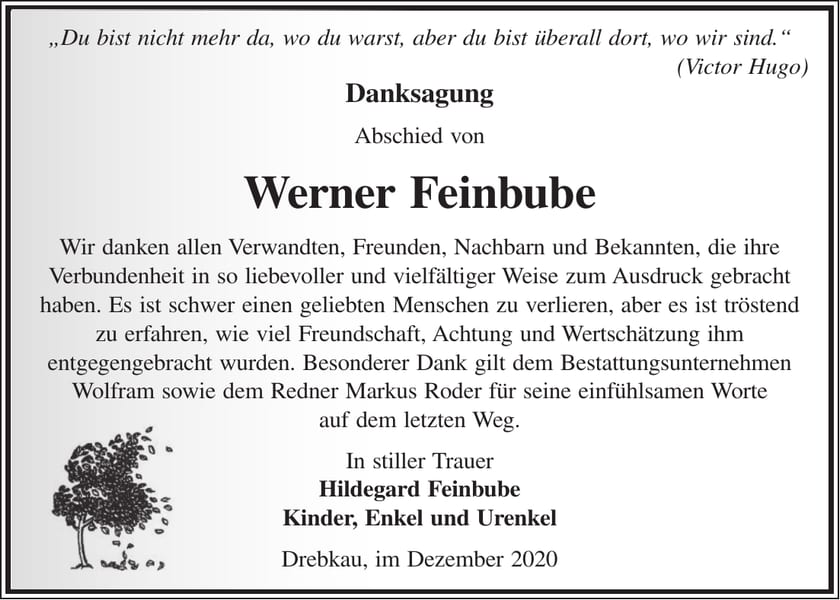 Danksagung Werner Feinbube