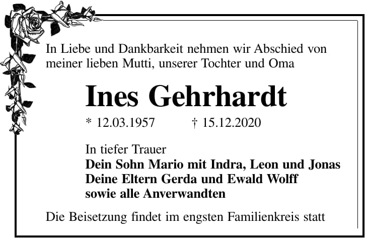 Traueranzeige Ines Gehrhardt