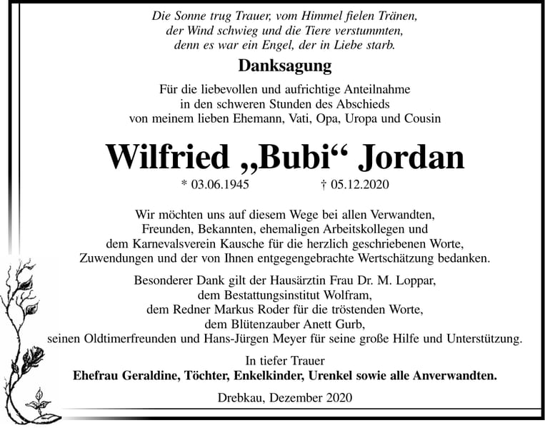 Danksagung Wilfried „Bubi“ Jordan