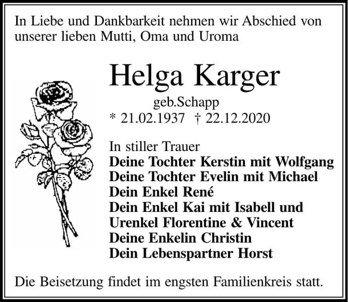 Traueranzeige Helga Karger