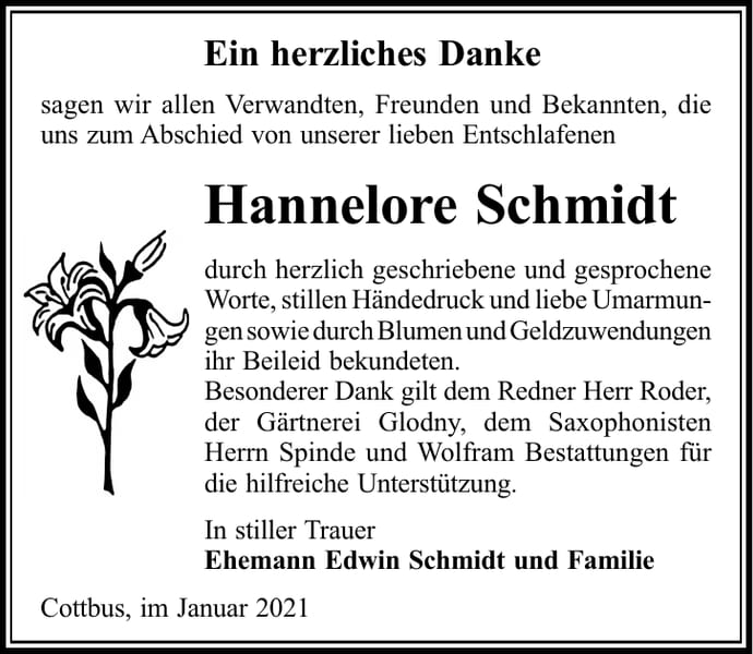 Danksagung Hannelore Schmidt