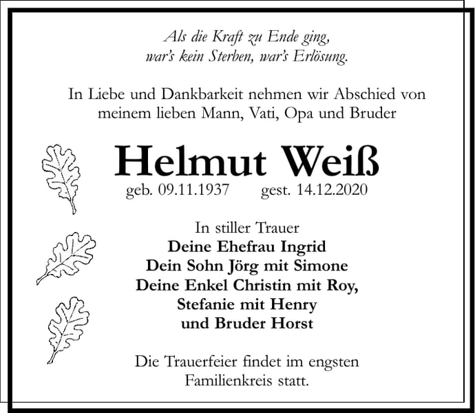 Traueranzeige Helmut Weiß