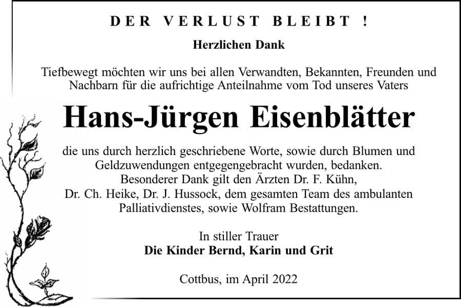 Danksagung Hans-Jürgen Eisenblätter