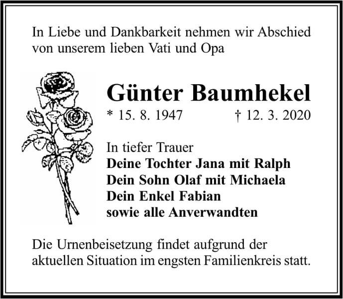 Traueranzeige Günter Baumhekel