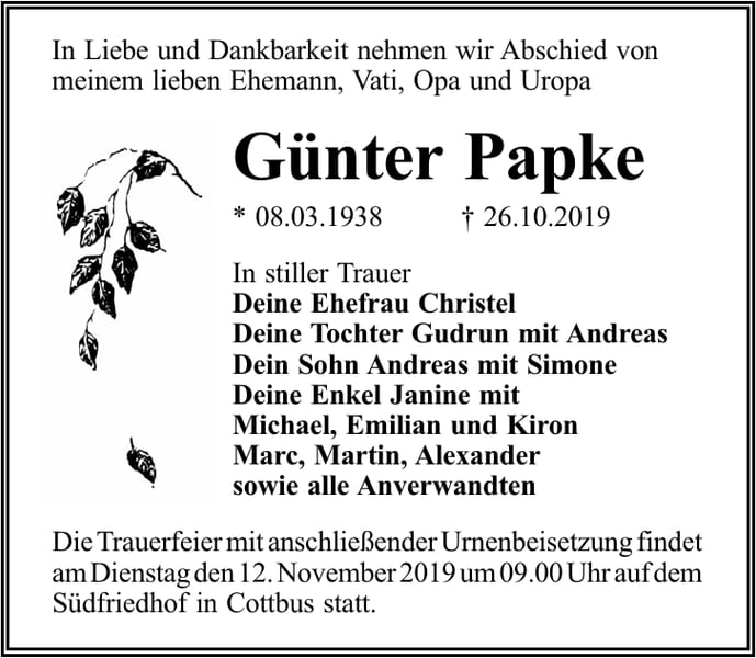Traueranzeige Günter Papke