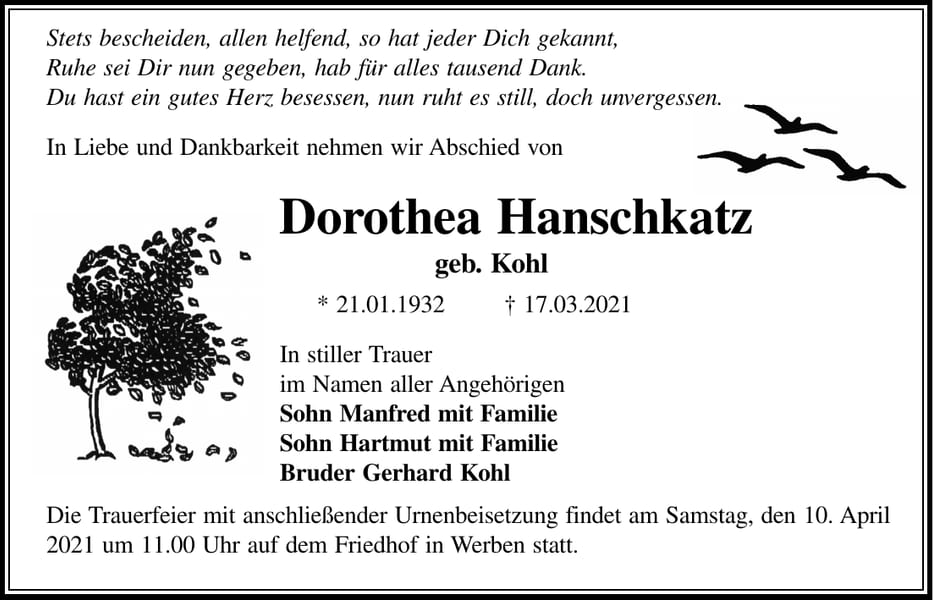 Traueranzeige Dorothea Hanschkatz, geb. Kohl