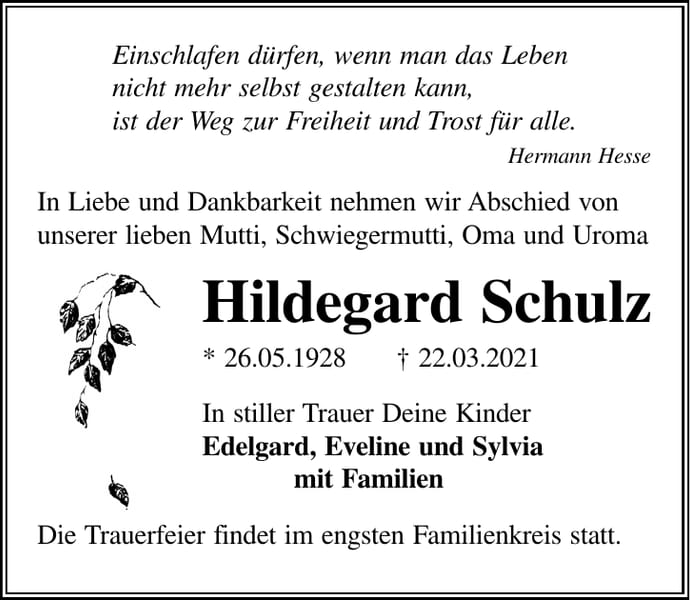 Traueranzeige Hildegard Schulz