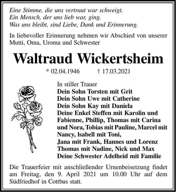 Traueranzeige Waltraud Wickertsheim