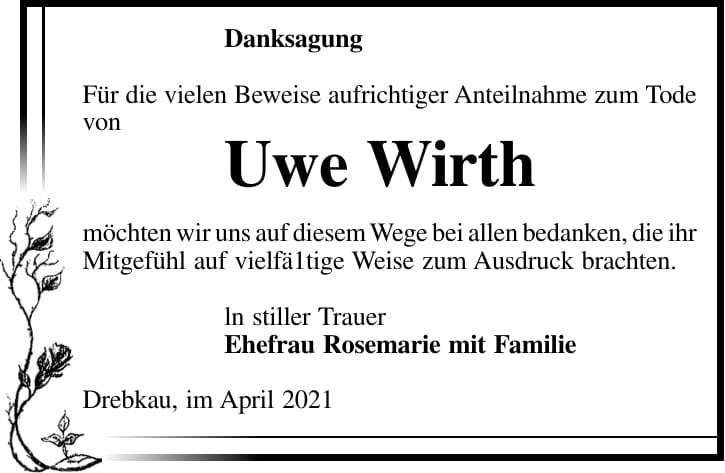 Danksagung Uwe Wirth