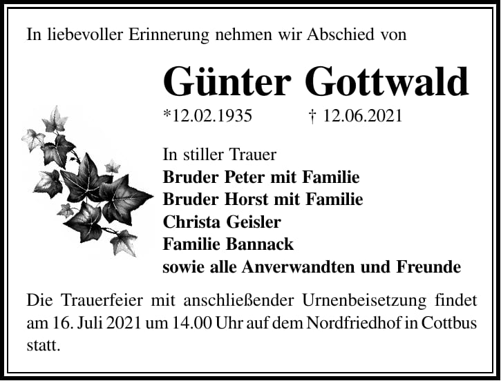 Traueranzeige Günter Gottwald