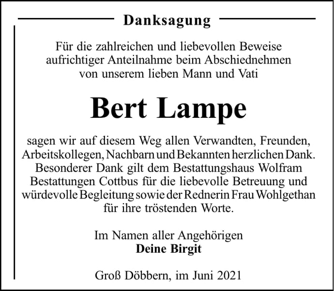 Danksagung Bert Lampe