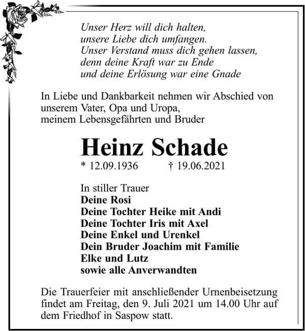 Traueranzeige Heinz Schade