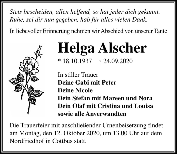 Traueranzeige Helga Alscher
