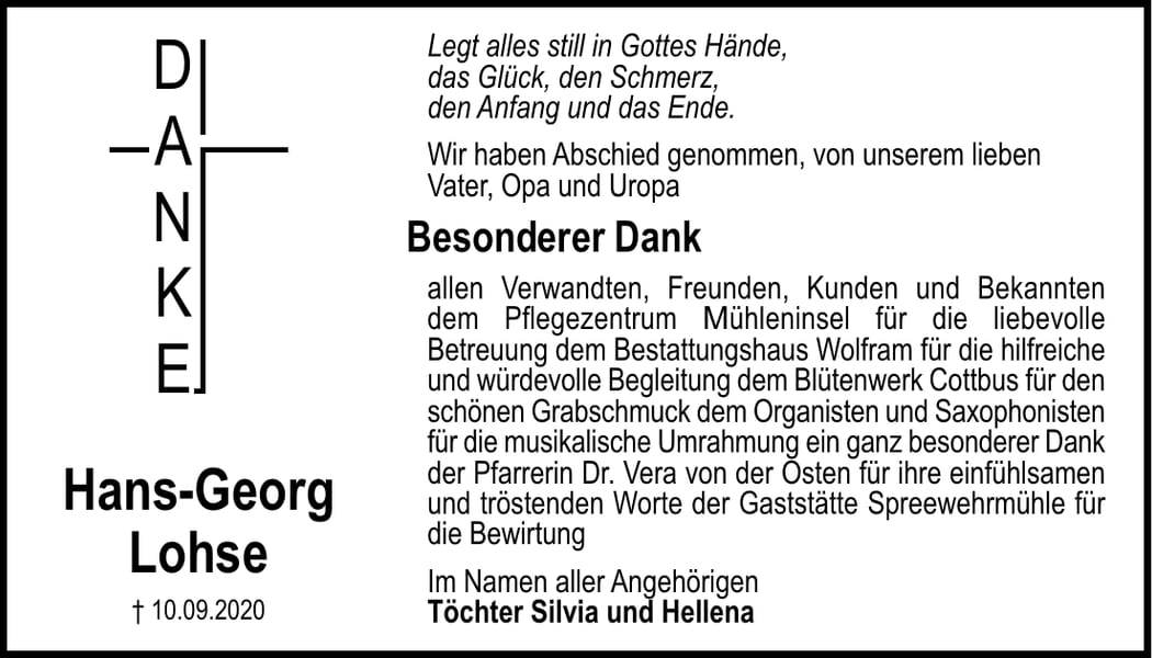 Danksagung Hans-Georg Lohse