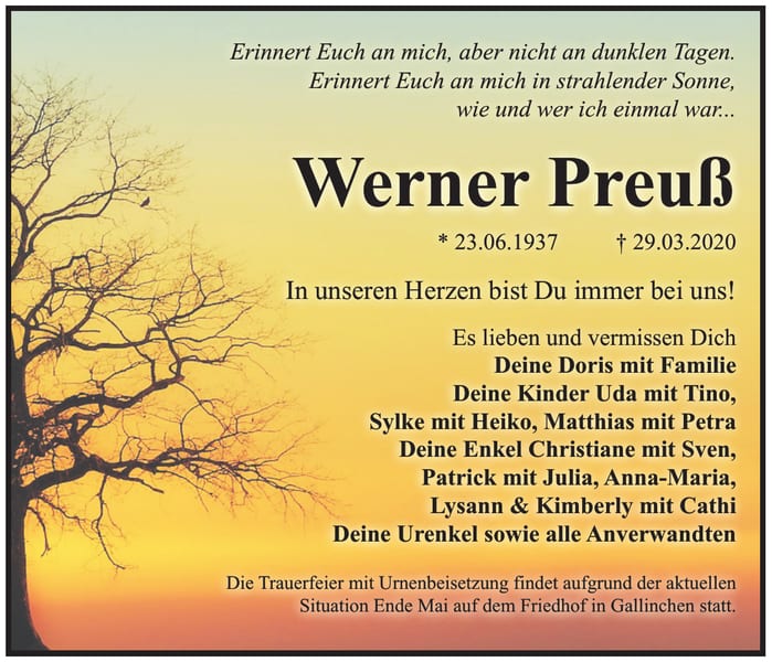 Traueranzeige Werner Preuß