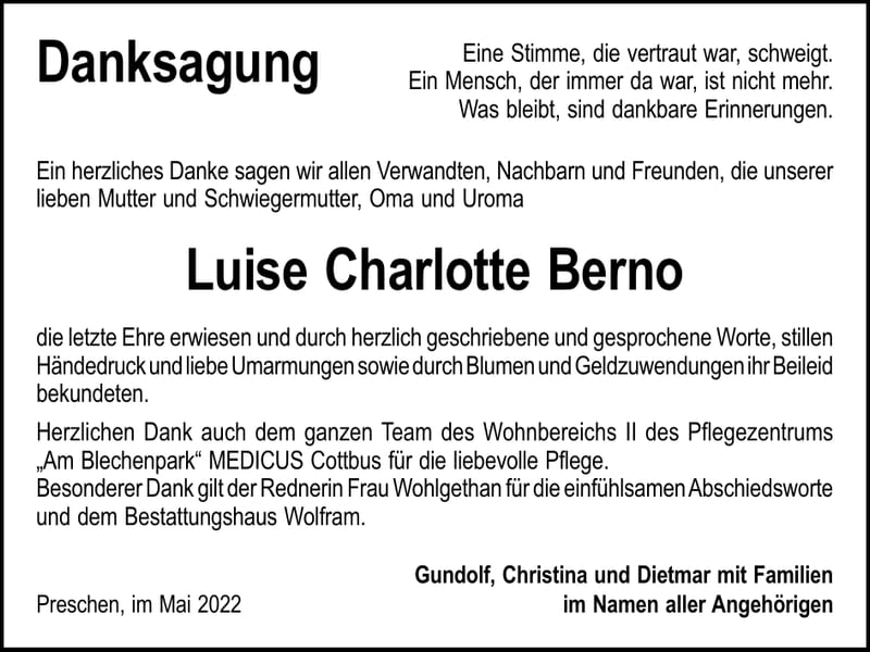 Danksagung Luise Charlotte Berno