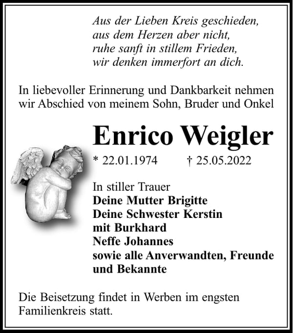 Traueranzeige Enrico Weigler