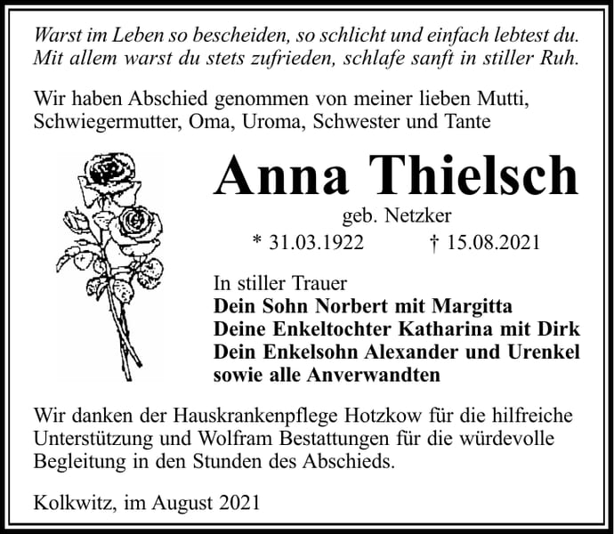 Traueranzeige Anna Thielsch, geb. Netzker