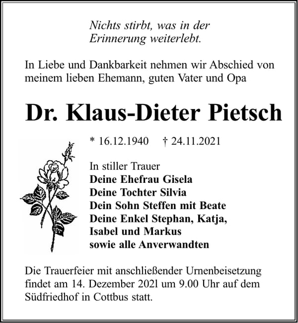 Traueranzeige Dr. Klaus-Dieter Pietsch
