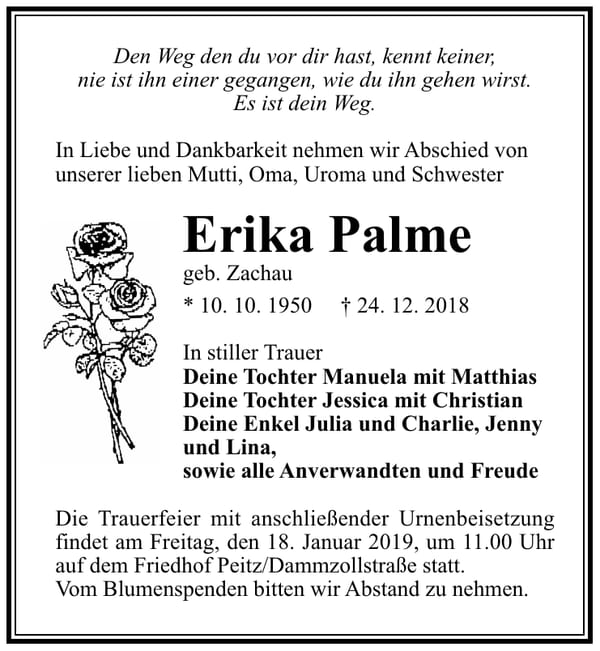 Traueranzeige Erika Palme, geb. Zachau